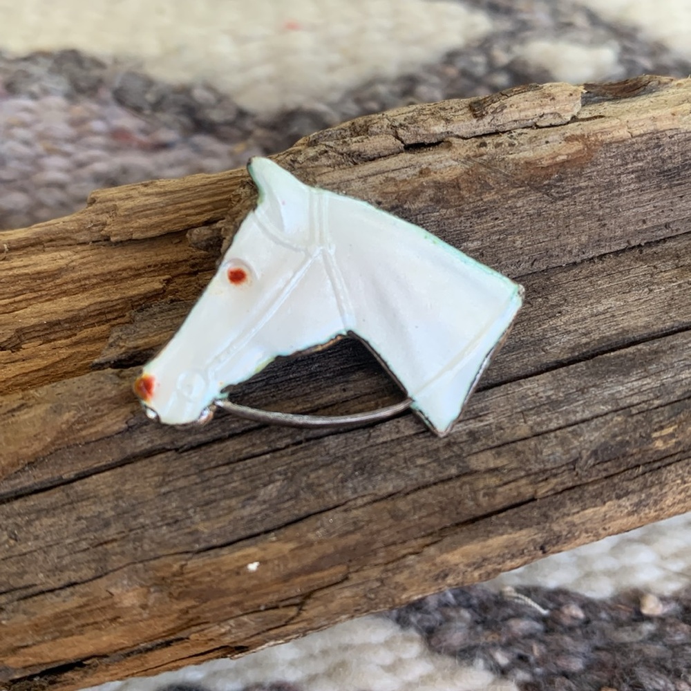 Vintage Sterling Silver Enamel Guilloche White Horse Pin.